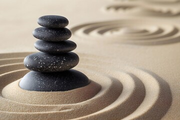Tranquil zen garden with meditation stones and sand lines. Perfect for relaxation, balance, spa, and wellness themes.