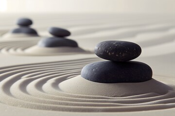 Fototapeta na wymiar Zen garden meditation stone background, sand lines, stones for relaxation and harmony. Ideal for spa, wellness, and spiritual concepts.