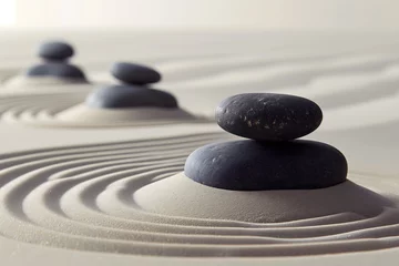 Deurstickers Zen garden meditation stone background, sand lines, stones for relaxation and harmony. Ideal for spa, wellness, and spiritual concepts. © Rathnayakamudalige
