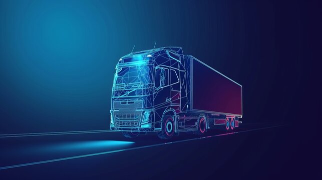 Truck. Abstract vector 3d heavy lorry van. Highway road. Isolated on dark blue background. Transportation, logistics or international shipping concept. Digital polygonal low poly 3d mesh illustration
