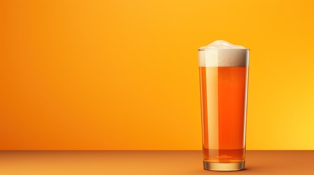 Glass with lager beer in front of yellow background, copy space