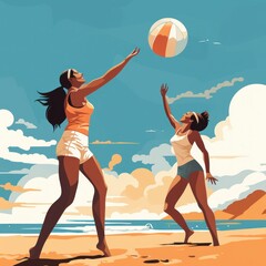 Fototapeta na wymiar Beach volleyball, two women playing volleyball in the sand and summer sun. Fitness, diversity and sports on holiday in Brazil. Volley ball, bikini and a ball game at the sea 