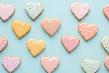 Fototapeta premium Heart shaped cookie. Delicious looking beautiful cookie with icing and sprinkle, concept: Valentine's Day, Women's day, Mother's Day gift. Pink and blue pastel background.