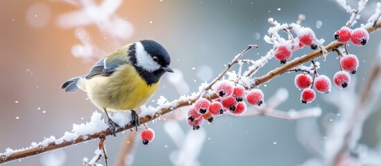 Great Tit (Parus major) - Majestically Perched on Frosty Branch, Feasting on Juicy Berries