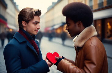 Young caucasian man gives a heart shape box to the young african man. Saint Valentine's day concept.