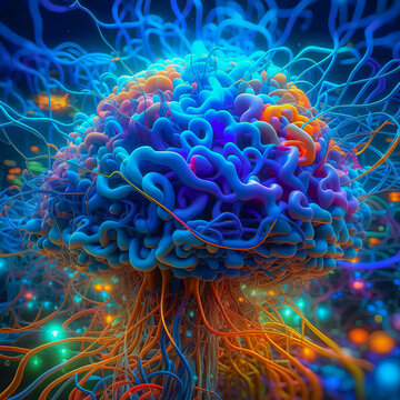 Concept art of the human brain exploding with knowledge and creativity