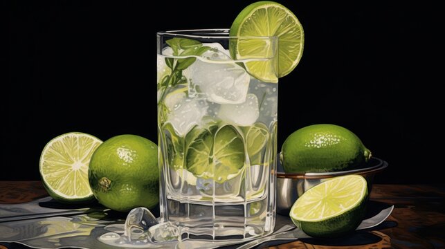 glass of cocktail with lime and mint. Fresh Mojito cocktail with lime, rosemary, mint and ice in jar glass. drink in freeze motion, drops in liquid splash. Summer cold drink and cocktail