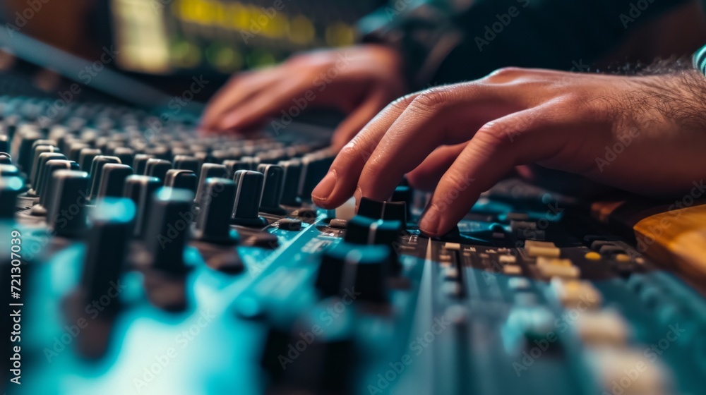 Poster sound recording studio mixing desk with engineer or music producer