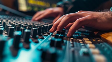 Sound recording studio mixing desk with engineer or music producer