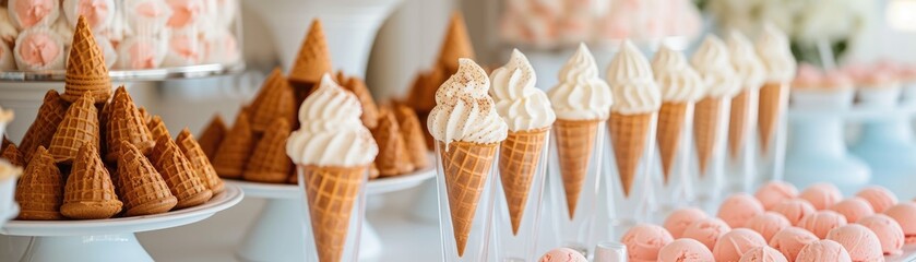 Elegant dessert table at a party featuring an array of frozen treats, including mini ice cream cones, frozen yogurt cups, and sorbet shooters - obrazy, fototapety, plakaty