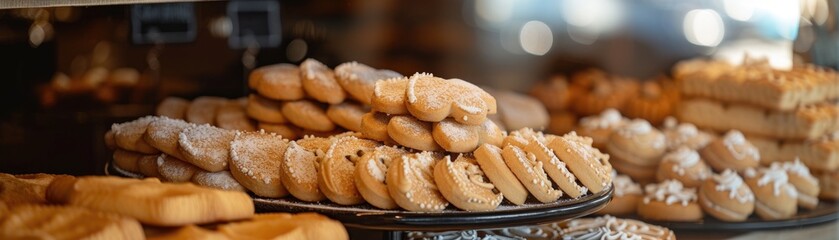 Elegant display of gourmet biscuits and shortbread in a chic bakery window, with a focus on intricate designs and textures - obrazy, fototapety, plakaty