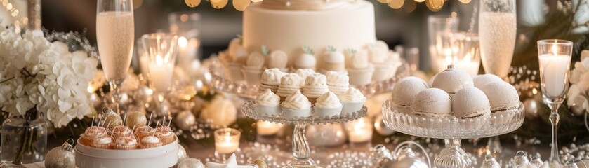 Elegant New Year's Eve dessert buffet featuring champagne sorbet and luxurious ice cream desserts, festive decorations - obrazy, fototapety, plakaty