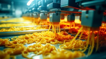 The modern factory produces instant noodles on a clean and hygienic production line.