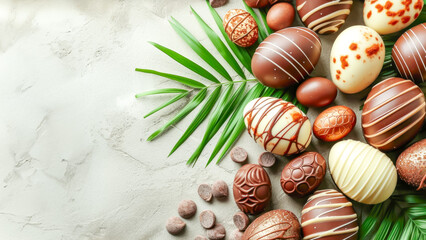 Fototapeta na wymiar Easter concept. Spring-inspired Easter composition with sweets chocolate eggs artfully arranged among palm fronds on grey background, perfect for festive greetings, and celebrating joy. Copy space