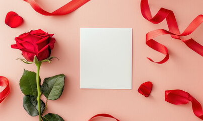 blank valentine's day card with red rose and silk ribbon on pink background