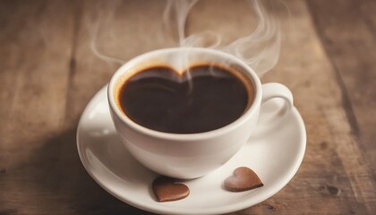 a cup of coffee with steam coming out in the shape of a heart