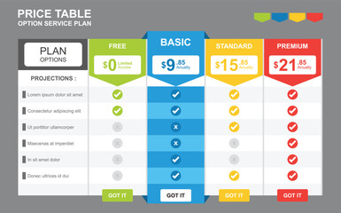 Price table pricing plan options for website selection plan price list collection