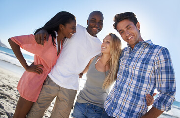 Double date, ocean or portrait of happy couple of friends at beach on holiday vacation together in summer. Smile, diversity or men with women or love to relax by sea or sand, nature for hug or travel