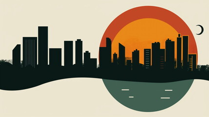 illustration with modern minimalist design. stylized landscape with equal stripes of night and day sky symbolizing the equinox.