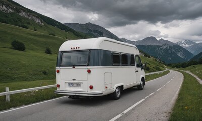  Freedom on Wheels: A Tranquil Journey with a White Camper on a Scenic Road – Embrace the Open Road and Create Your Adventure