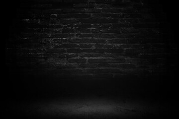 Black studio room background, interior texture for display products. Brick wall and black cement floor