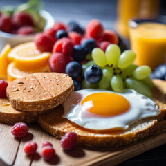 A nourishing breakfast featuring eggs served on a wooden board.
