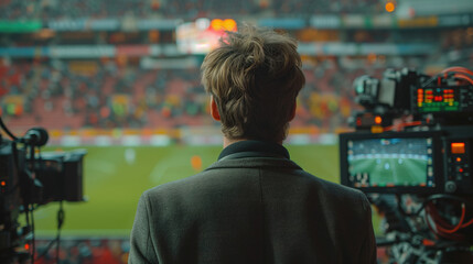 a sports commentator broadcasts the match at the stadium