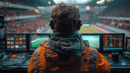 a sports commentator broadcasts the match at the stadium  