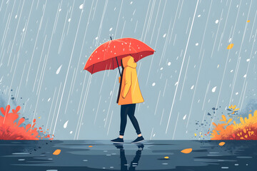 A minimalistic flat illustration of a person walking in the rain, isolated on a grey background.