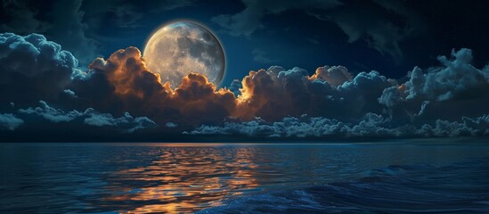 Fototapeta na wymiar Captivating Full Moon amidst Majestic Clouds by the Tranquil Sea