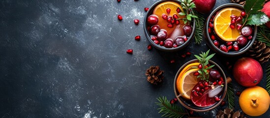Text space for top view of holiday sangria with winter fruits such as cranberries, citrus, and pomegranate.