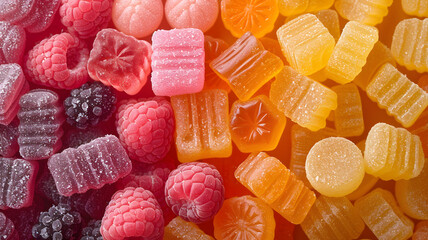 Different colored Candy. Assorted Gummy candies. Top view