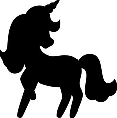 Obraz premium Vector black unicorn silhouette. Fantasy animal shadow. Fairytale horse character illustration for kids. Cartoon magic creature icon isolated on white background.