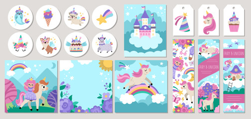 Cute unicorn cards set with fairy princess, castle, rainbow. Vector magic fantasy world square, round, vertical print templates and nature scenes. Fairytale design for tags, postcards, party.