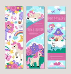 Cute unicorn vertical cards set with fairy, castle, magic forest, rainbow. Vector fairytale vertical print templates. Fantasy world bookmark design for tags, postcards, ads, party, holiday, birthday.