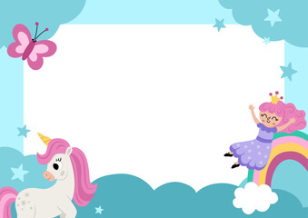Unicorn party greeting card template with cute rainbow, falling star, fairy princess, night landscape. Fairytale poster or invitation for kids. Bright magic or fantasy holiday vertical illustration. © Lexi Claus