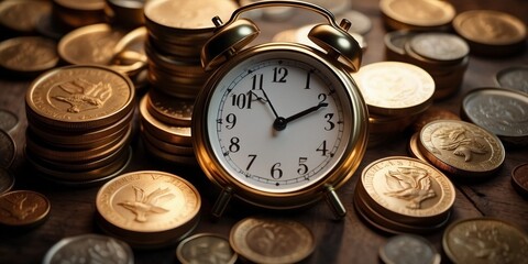 A clock surrounded by a pile of coins