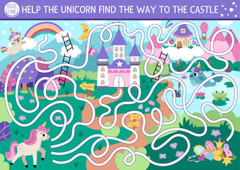 Unicorn maze for kids with fantasy country landscape, castle, fairy. Magic world preschool printable activity with treasures, rainbow, forest, path. Fairytale labyrinth game or puzzle.