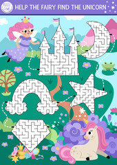 Unicorn maze for kids with geometrical castle, moon, rainbow, star, crystal shapes on fantasy country background scene. Fairytale preschool printable activity. Magic labyrinth game puzzle with fairy.