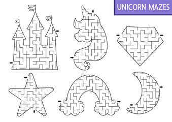 Obraz premium Unicorn geometrical maze set for kids. Fairytale preschool printable activity shaped as horse head, castle, star, rainbow, crystal, moon. Magic or fantasy labyrinth game puzzle collection.