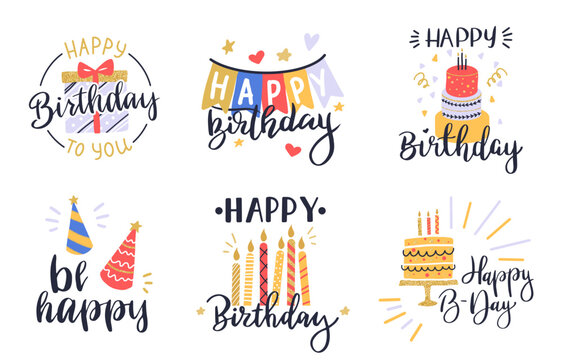 Greeting lettering, cake, balloons and candle birthday greeting card decoration