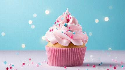 Cupcake with pink cream and sprinkles on a blue background