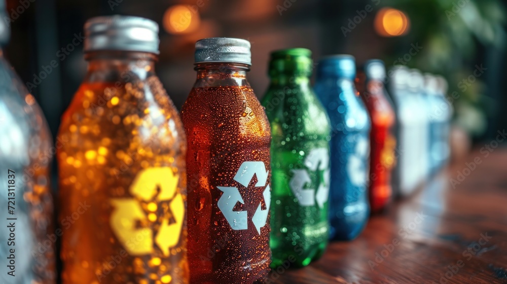Poster a row of colorful recycled bottles lined up on a table, ai