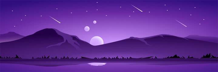 purple sunset with three sun landscape vector illustration