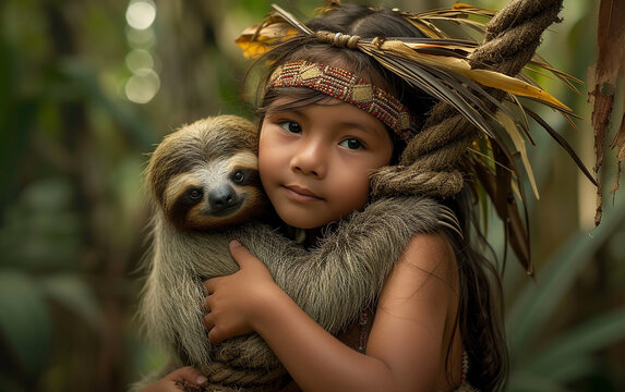 crian&ccedil;a ind&iacute;gena na Amaz&ocirc;nia com bicho pregui&ccedil;a