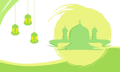 Background theme of Ramadan and Islamic holidays with images of mosques, lanterns with yellow and green colours.
