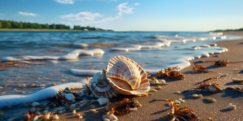 Fototapeta na wymiar summer beach with shells under blue sky