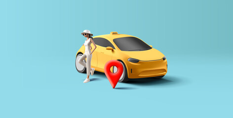 Luxury Taxi Service. Woman and Premium Car 3d render vector illustration, geo pin © YarM