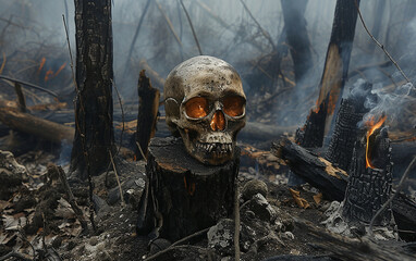 
crânio na floresta devastada com árvores queimadas secas, tocos com fumaça - obrazy, fototapety, plakaty