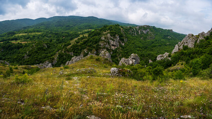 Jelasnicka Klisura and the view from the Prozorac lookout point on the huge rocks and meadows that spread across the mountain (Jelasnica Klisura, Suva planina).